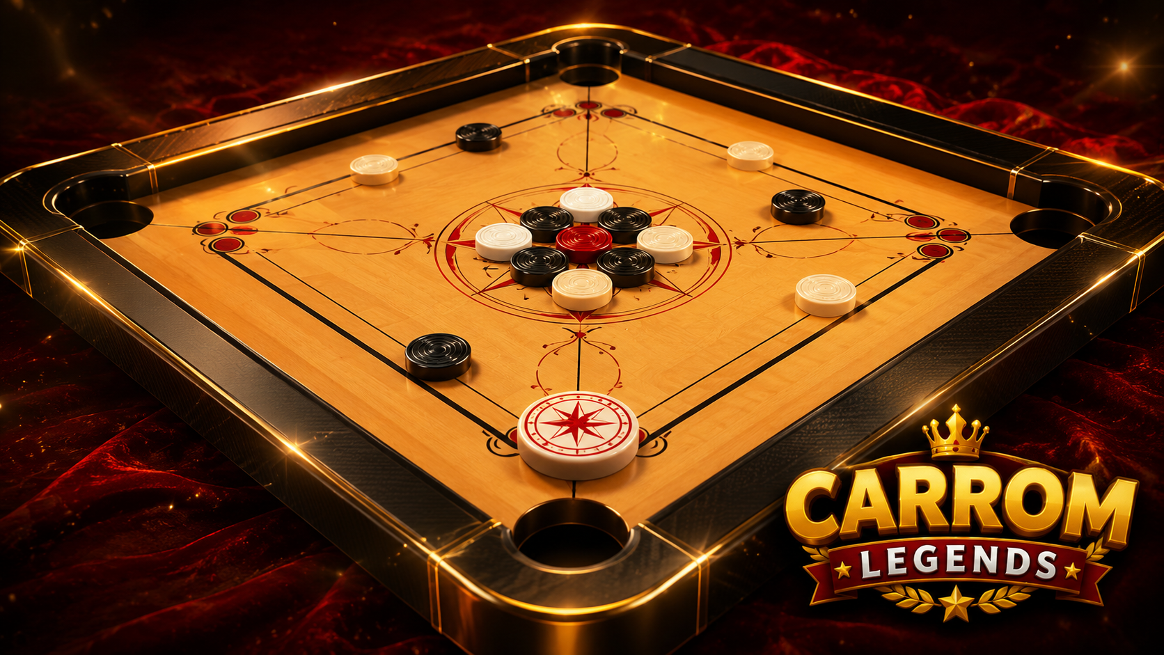 Premium wooden carrom board with realistic lighting and polished game pieces