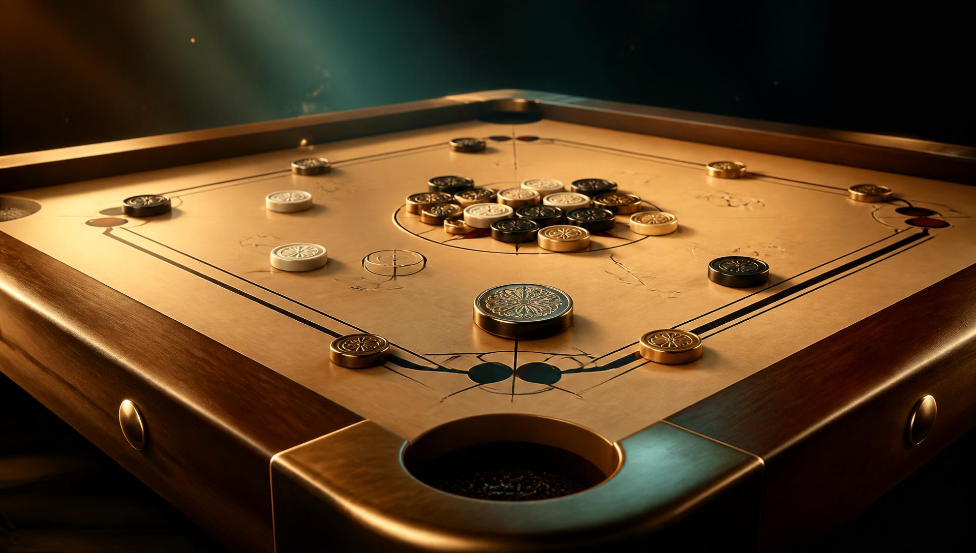 Cinematic render of a polished wooden carrom board lit by warm lamplight