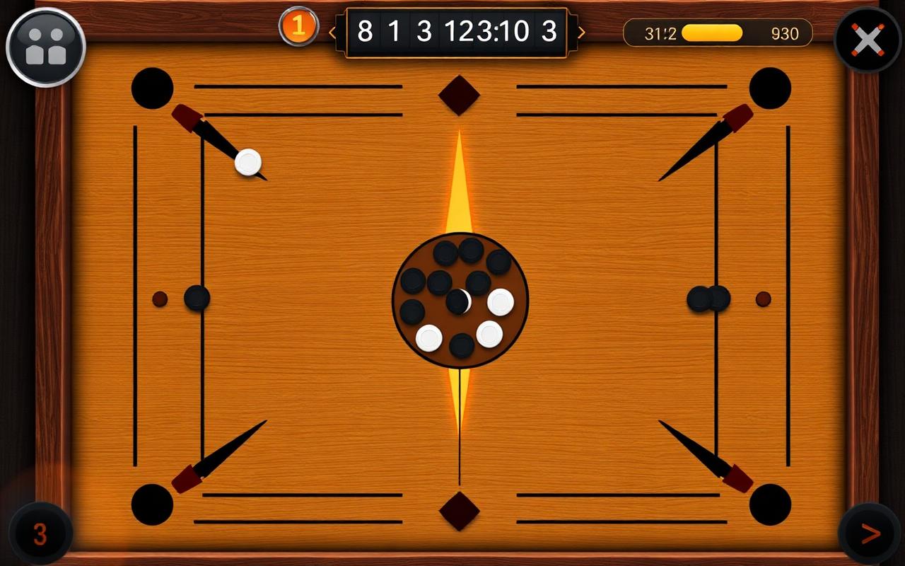 Top-down carrom match with aim guideline and score display