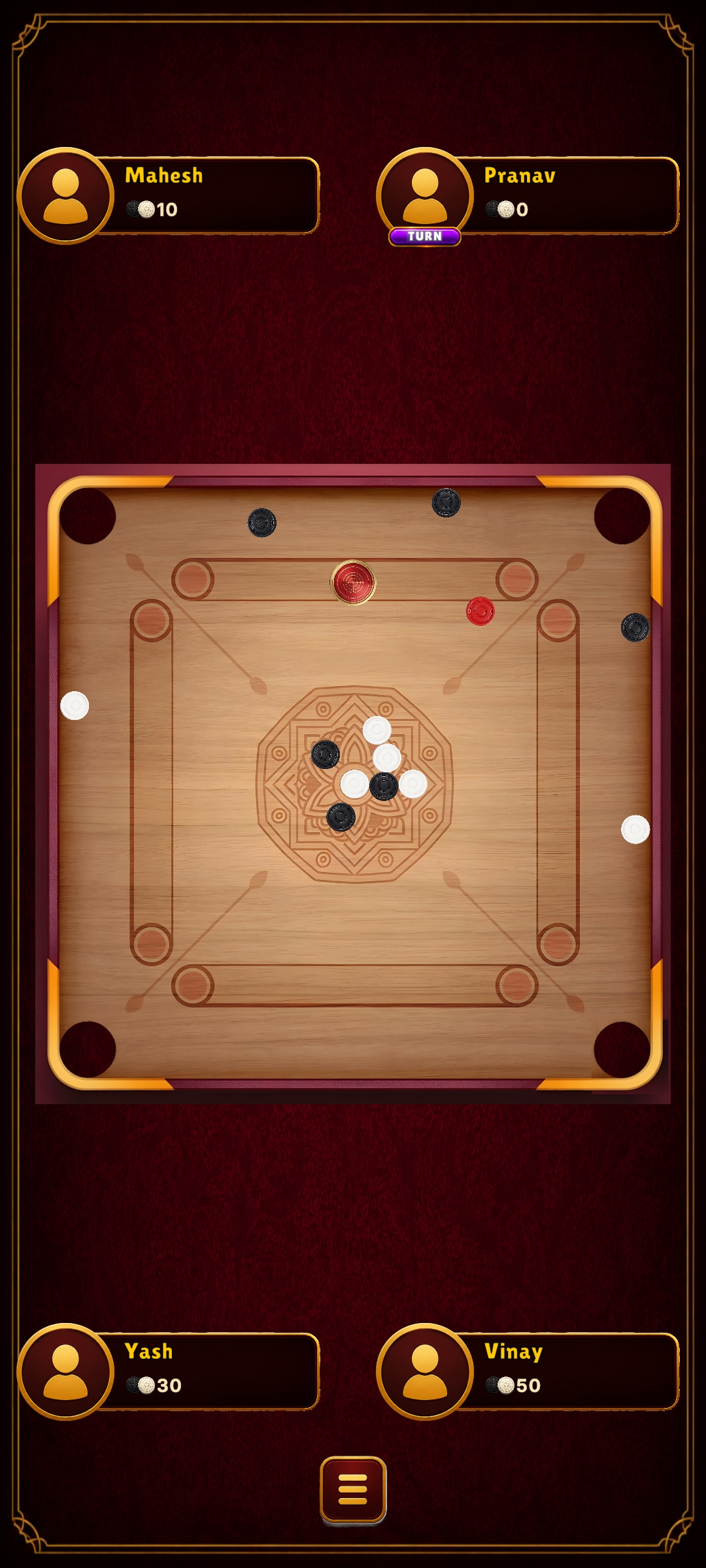 Premium game interface displaying the carrom board during gameplay