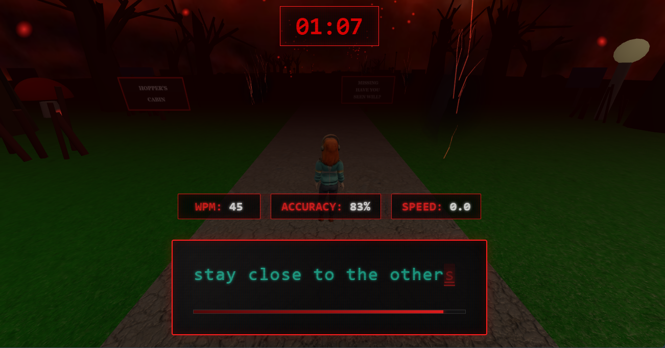 Player surviving waves of enemies in a dark red-themed arena with words floating above enemies