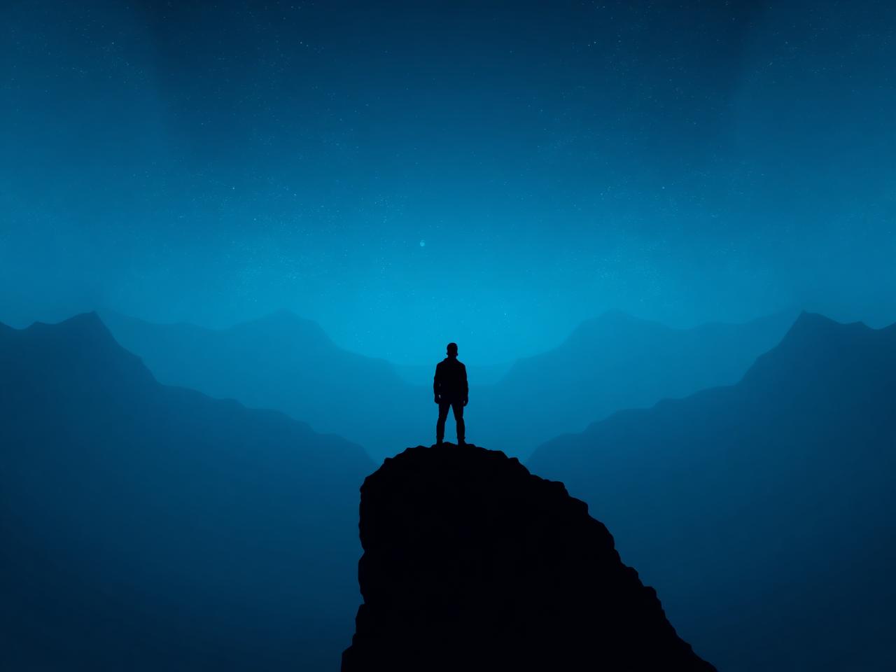 Silhouette of a figure standing on a cliff beneath a vast starlit sky