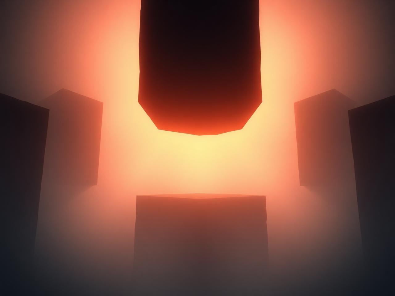 Abstract fogged monoliths lit by warm amber light